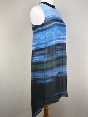 Sheer Overlay Blue Abstract Artsy Indie High Low Shift Dress Sleeveless Lined XS